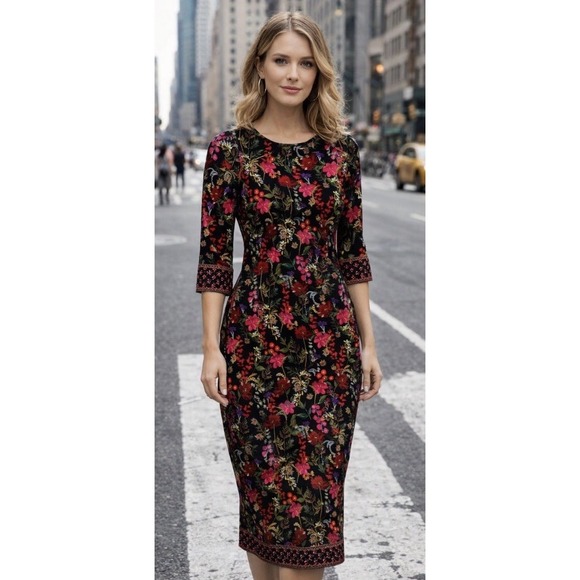 Alice + Olivia Delora Floral Fitted Bodycon Stretch Jersey Midi